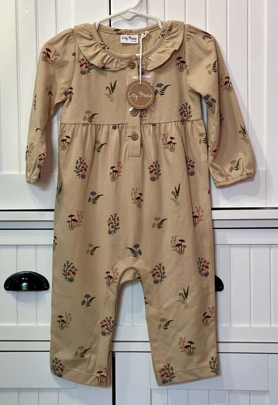 City Mouse Frill Collar Romper in Mushroom Print